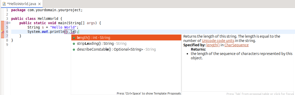 Content assist completing the method String#length